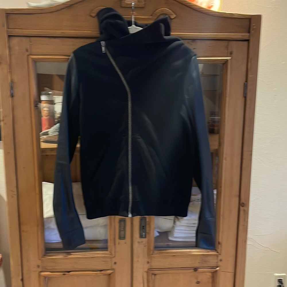 Rick Owens black sweatshirt with leather trim and avant garde zipper.